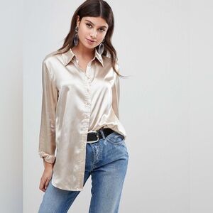 PrettyLittleThing Satin Effect Button Down Blouse In Champagne Size Medium